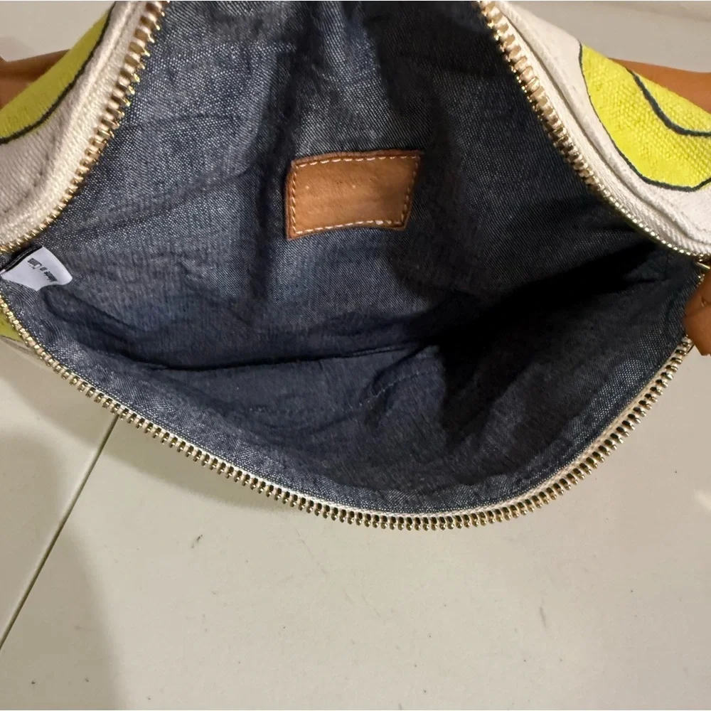 Clare V Canvas Crossbody with Yellow Tennis Ball Print and Tan Strap